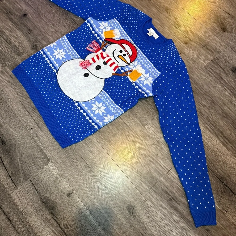 Jolly Sweaters Christmas sweater - Blue Snowman cheering with beers size Medium